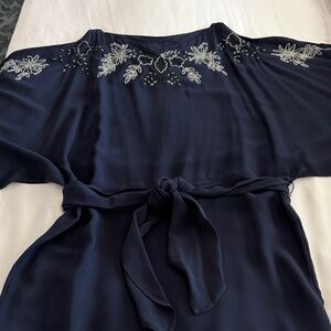 Free People Navy Embroidered Belted Long Sleeve Dress
